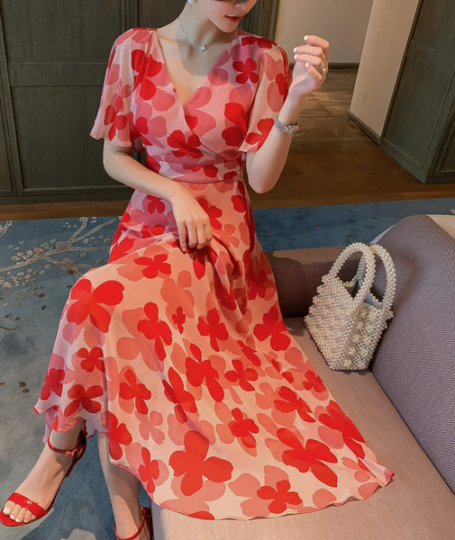 Boho Holiday Summer Chiffon V neck Backless Red Floral Maxi Long Wrap Dress