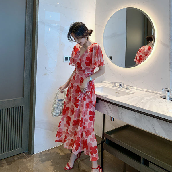 Boho Holiday Summer Chiffon V neck Backless Red Floral Maxi Long Wrap Dress