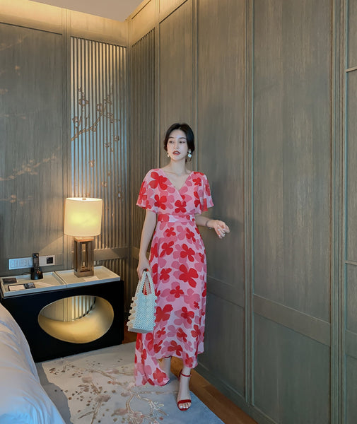 Boho Holiday Summer Chiffon V neck Backless Red Floral Maxi Long Wrap Dress