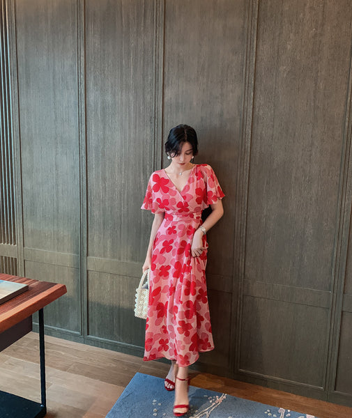 Boho Holiday Summer Chiffon V neck Backless Red Floral Maxi Long Wrap Dress