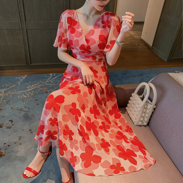 Boho Holiday Summer Chiffon V neck Backless Red Floral Maxi Long Wrap Dress