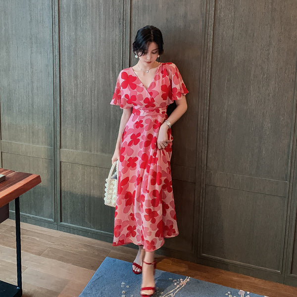 Boho Holiday Summer Chiffon V neck Backless Red Floral Maxi Long Wrap Dress