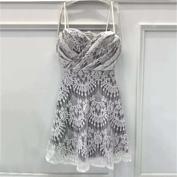 Clubbing Elegant Sexy V-neck Floral Lace Low Cut High Waist Spaghetti Strap Pleated Dress