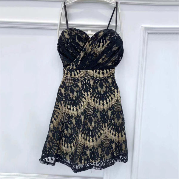 Clubbing Elegant Sexy V-neck Floral Lace Low Cut High Waist Spaghetti Strap Pleated Dress