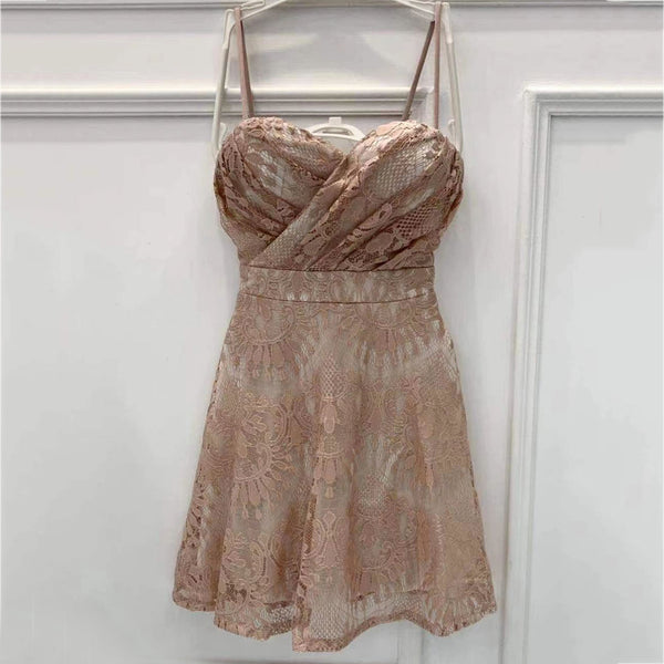 Clubbing Elegant Sexy V-neck Floral Lace Low Cut High Waist Spaghetti Strap Pleated Dress