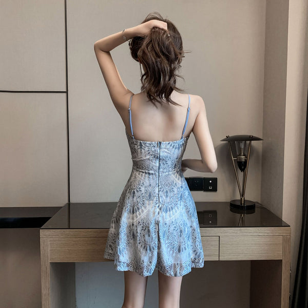 Clubbing Elegant Sexy V-neck Floral Lace Low Cut High Waist Spaghetti Strap Pleated Dress