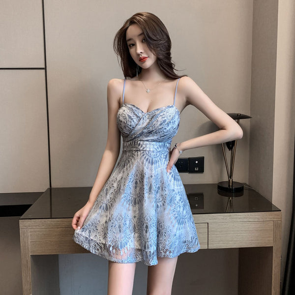Clubbing Elegant Sexy V-neck Floral Lace Low Cut High Waist Spaghetti Strap Pleated Dress