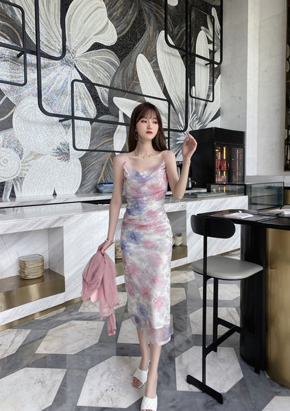 Attractive Sexy Women Off Shoulder Spaghetti Strap Pleated Colorful Print Mesh Pencil Dress