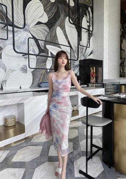 Attractive Sexy Women Off Shoulder Spaghetti Strap Pleated Colorful Print Mesh Pencil Dress