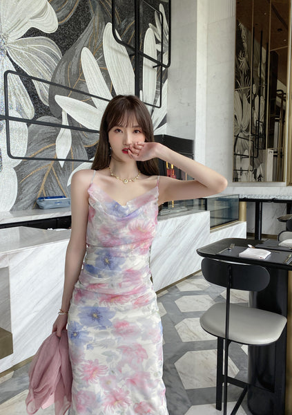 Attractive Sexy Women Off Shoulder Spaghetti Strap Pleated Colorful Print Mesh Pencil Dress