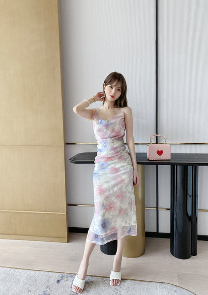 Attractive Sexy Women Off Shoulder Spaghetti Strap Pleated Colorful Print Mesh Pencil Dress