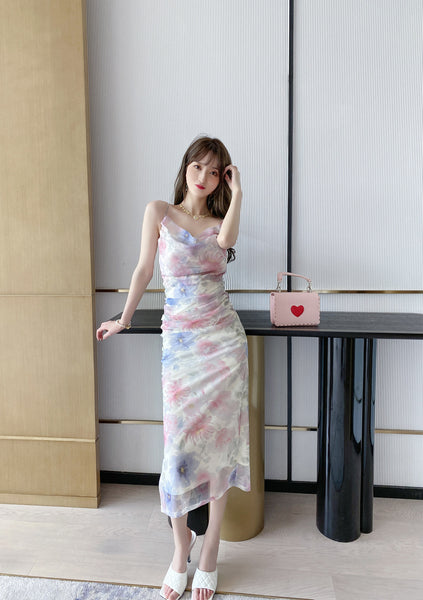 Attractive Sexy Women Off Shoulder Spaghetti Strap Pleated Colorful Print Mesh Pencil Dress