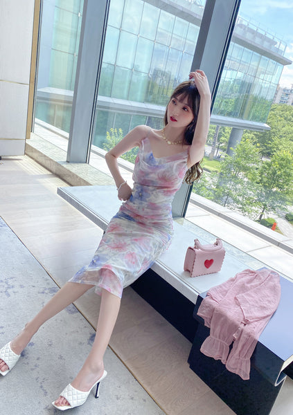 Attractive Sexy Women Off Shoulder Spaghetti Strap Pleated Colorful Print Mesh Pencil Dress