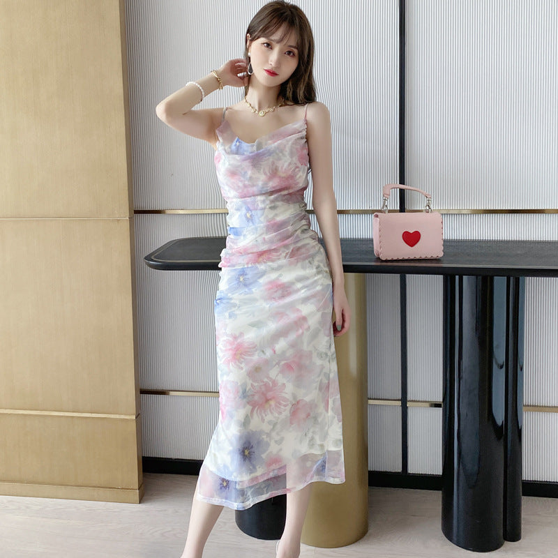 Attractive Sexy Women Off Shoulder Spaghetti Strap Pleated Colorful Print Mesh Pencil Dress