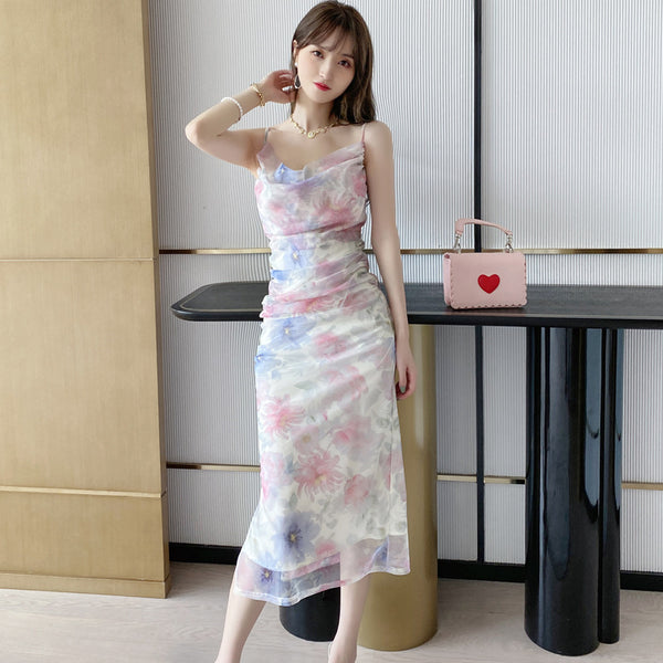 Attractive Sexy Women Off Shoulder Spaghetti Strap Pleated Colorful Print Mesh Pencil Dress