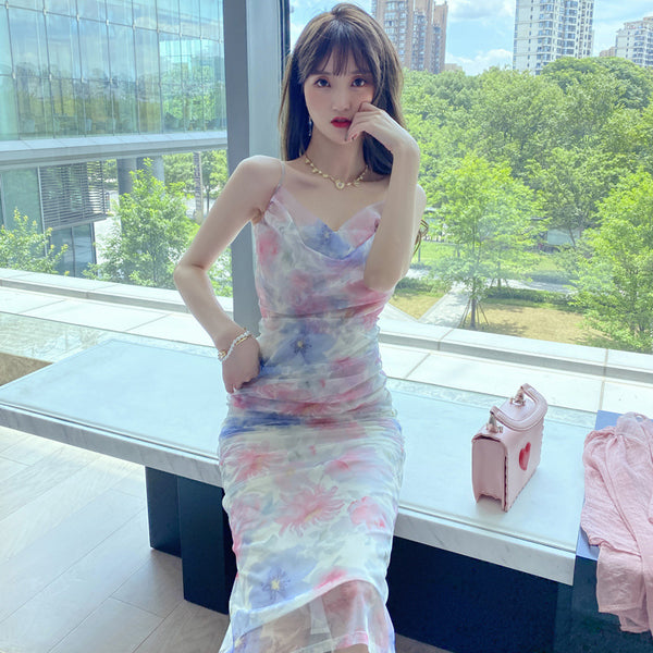 Attractive Sexy Women Off Shoulder Spaghetti Strap Pleated Colorful Print Mesh Pencil Dress