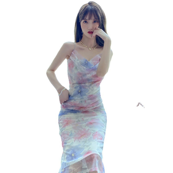 Attractive Sexy Women Off Shoulder Spaghetti Strap Pleated Colorful Print Mesh Pencil Dress