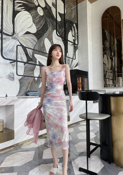 Attractive Sexy Women Off Shoulder Spaghetti Strap Pleated Colorful Print Mesh Pencil Dress