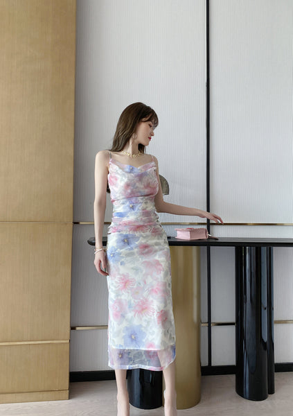 Attractive Sexy Women Off Shoulder Spaghetti Strap Pleated Colorful Print Mesh Pencil Dress