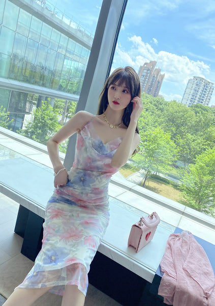 Attractive Sexy Women Off Shoulder Spaghetti Strap Pleated Colorful Print Mesh Pencil Dress