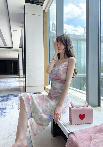 Attractive Sexy Women Off Shoulder Spaghetti Strap Pleated Colorful Print Mesh Pencil Dress