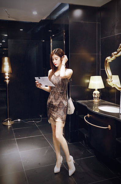 Summer Elegant Women Fashion Sexy V-neck Sleeveless Black Lace Mesh pattern Dress