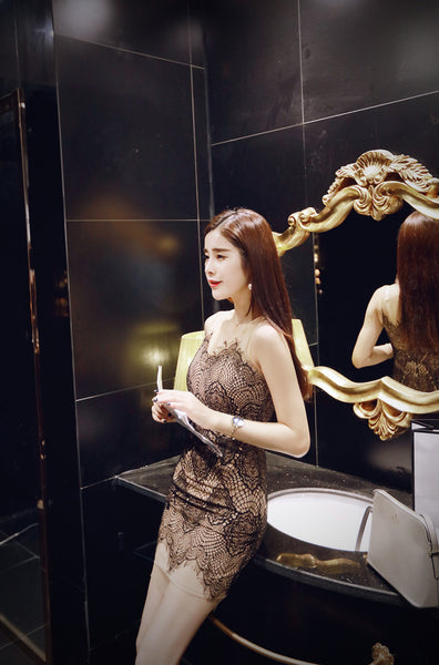 Summer Elegant Women Fashion Sexy V-neck Sleeveless Black Lace Mesh pattern Dress