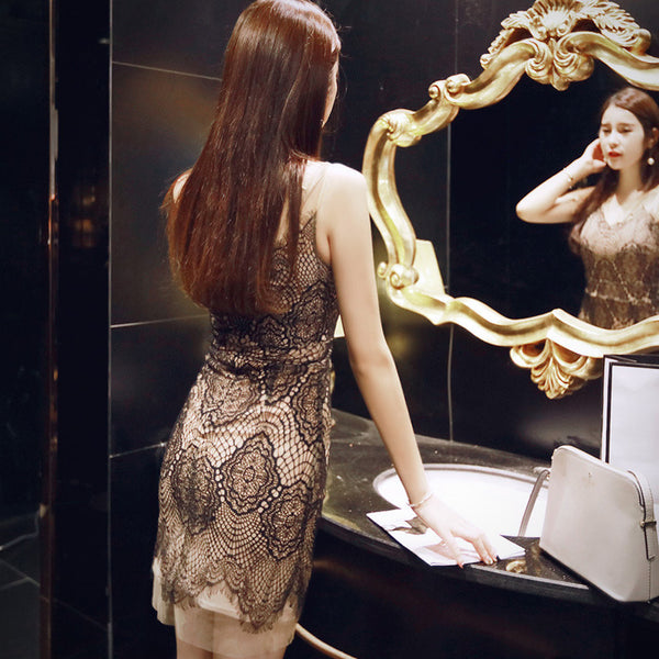 Summer Elegant Women Fashion Sexy V-neck Sleeveless Black Lace Mesh pattern Dress