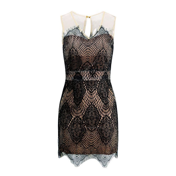 Summer Elegant Women Fashion Sexy V-neck Sleeveless Black Lace Mesh pattern Dress