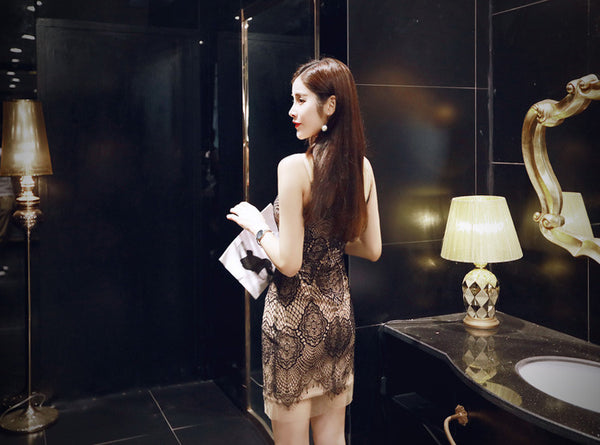 Summer Elegant Women Fashion Sexy V-neck Sleeveless Black Lace Mesh pattern Dress