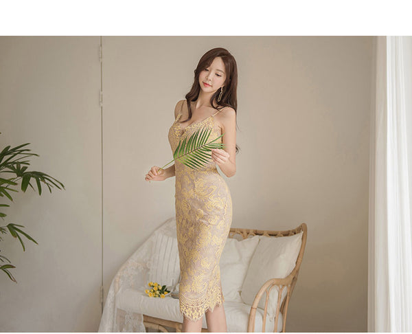 Summer Temperament Beauty Ladies V Neck Yellow Mid Length Lace Hip Back Slit Party Dress