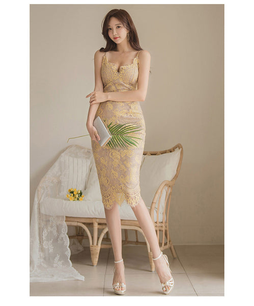 Summer Temperament Beauty Ladies V Neck Yellow Mid Length Lace Hip Back Slit Party Dress