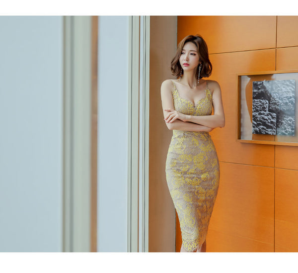 Summer Women Spaghetti Strap Sleeveless Casual Knee Length Pencil Hip Split Yellow Dress