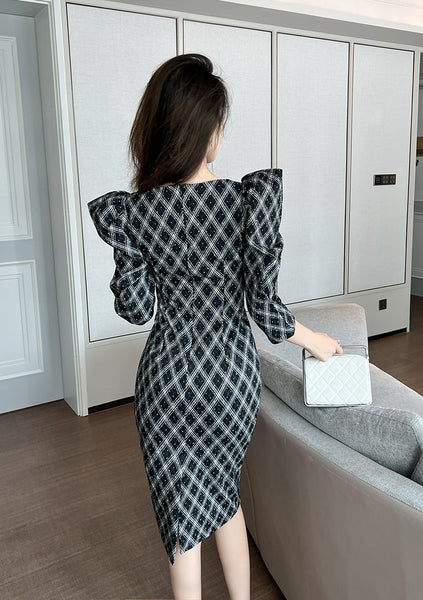 Spring OL Office Lady Women Puff Sleeve Square Collar Plaid Pleated Zipper Stitching Fit Hip Dress
