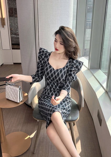 Spring OL Office Lady Women Puff Sleeve Square Collar Plaid Pleated Zipper Stitching Fit Hip Dress