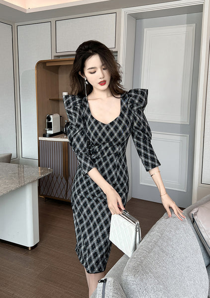Spring OL Office Lady Women Puff Sleeve Square Collar Plaid Pleated Zipper Stitching Fit Hip Dress