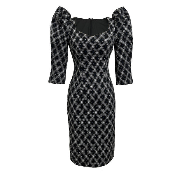 Spring OL Office Lady Women Puff Sleeve Square Collar Plaid Pleated Zipper Stitching Fit Hip Dress