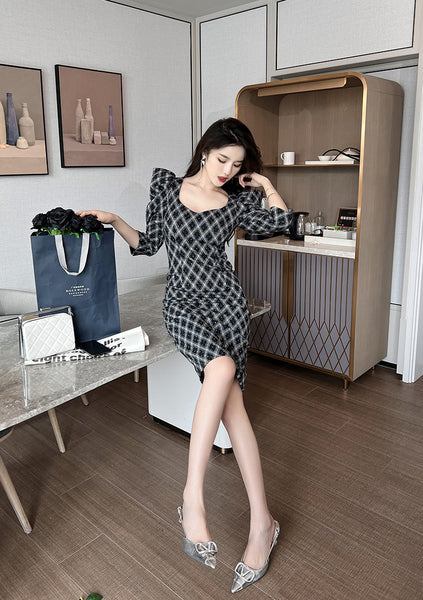 Spring OL Office Lady Women Puff Sleeve Square Collar Plaid Pleated Zipper Stitching Fit Hip Dress