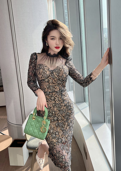Temperament Elegant Women Retro Mesh Stitching Lace Hip Floral Print Long Pencil Dress