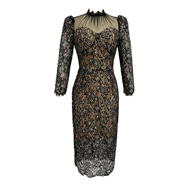 Temperament Elegant Women Retro Mesh Stitching Lace Hip Floral Print Long Pencil Dress