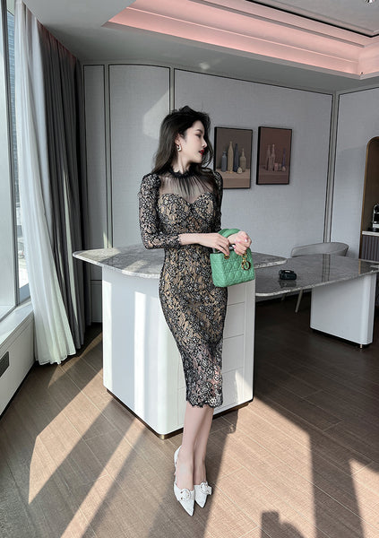 Temperament Elegant Women Retro Mesh Stitching Lace Hip Floral Print Long Pencil Dress