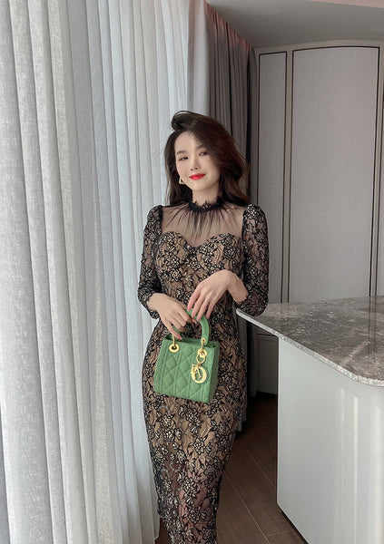 Temperament Elegant Women Retro Mesh Stitching Lace Hip Floral Print Long Pencil Dress