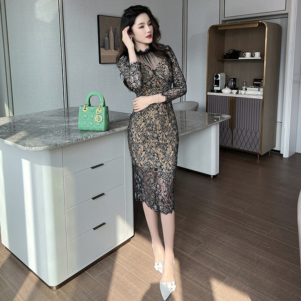 Temperament Elegant Women Retro Mesh Stitching Lace Hip Floral Print Long Pencil Dress
