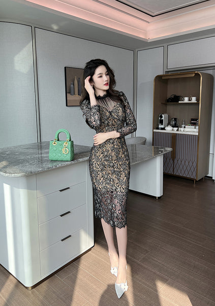Temperament Elegant Women Retro Mesh Stitching Lace Hip Floral Print Long Pencil Dress