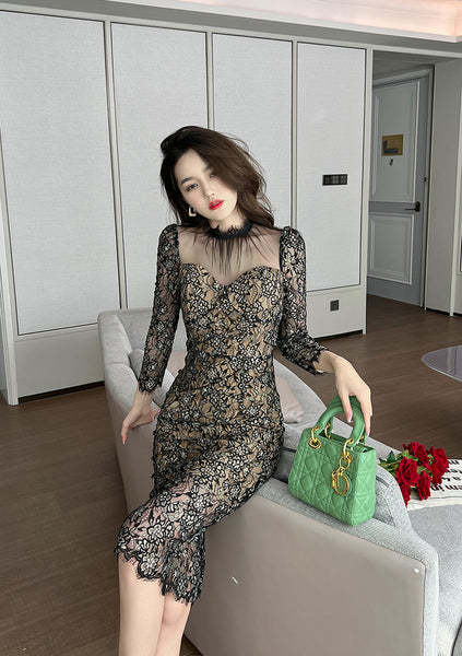 Temperament Elegant Women Retro Mesh Stitching Lace Hip Floral Print Long Pencil Dress