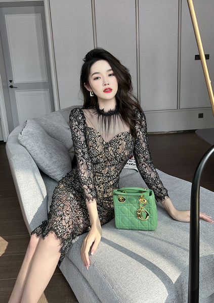 Temperament Elegant Women Retro Mesh Stitching Lace Hip Floral Print Long Pencil Dress