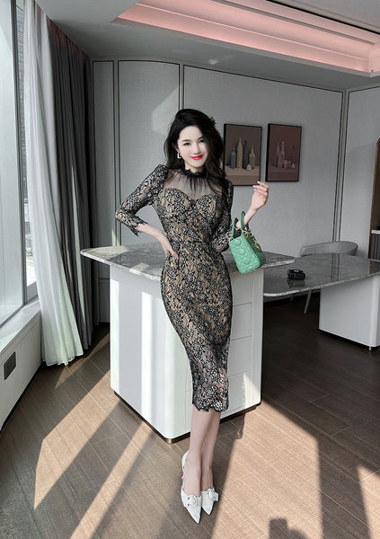 Temperament Elegant Women Retro Mesh Stitching Lace Hip Floral Print Long Pencil Dress