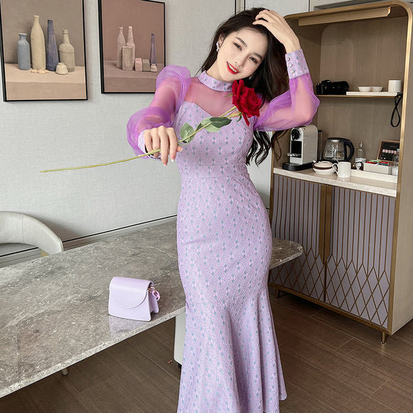 Spring Retro Fancy Temperament Puff Sleeve Purple Long Sleeve Fishtail Long Dress