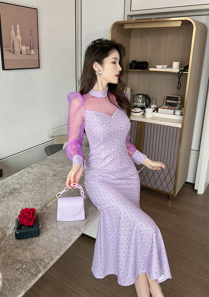 Spring Retro Fancy Temperament Puff Sleeve Purple Long Sleeve Fishtail Long Dress