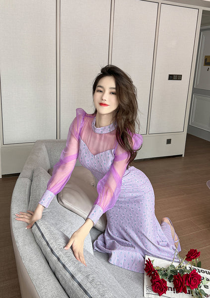 Spring Retro Fancy Temperament Puff Sleeve Purple Long Sleeve Fishtail Long Dress